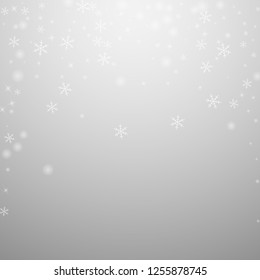 Sparse glowing snow Christmas background. Subtle flying snow flakes and stars on light grey background. Admirable winter silver snowflake overlay template. Great vector illustration.