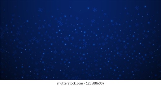 Sparse glowing snow Christmas background. Subtle flying snow flakes and stars on winter sky background. Adorable winter silver snowflake overlay template. Stylish vector illustration.