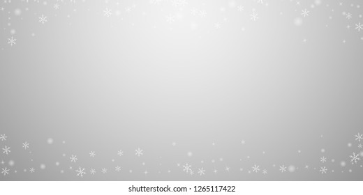 Sparse glowing snow Christmas background. Subtle flying snow flakes and stars on light grey background. Authentic winter silver snowflake overlay template. Majestic vector illustration.