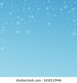 Sparse glowing snow Christmas background. Subtle flying snow flakes and stars on blue transparent background. Bizarre winter silver snowflake overlay template. Imaginative vector illustration.