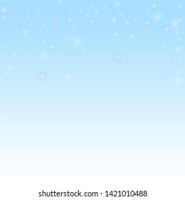 Sparse glowing snow Christmas background. Subtle flying snow flakes and stars on winter sky background. Bizarre winter silver snowflake overlay template. Incredible vector illustration.
