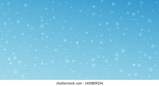 Sparse glowing snow Christmas background. Subtle flying snow flakes and stars on transparent blue background. Admirable winter silver snowflake overlay template. Magnetic vector illustration.