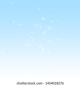 Sparse glowing snow Christmas background. Subtle flying snow flakes and stars on winter sky background. Authentic winter silver snowflake overlay template. Precious vector illustration.