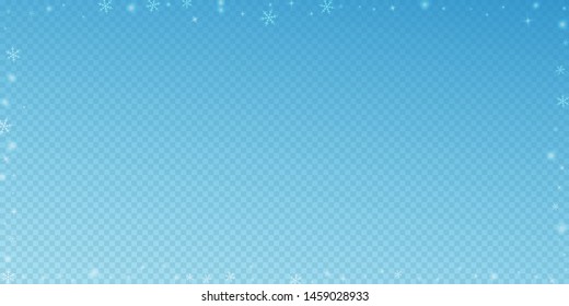 Sparse glowing snow Christmas background. Subtle flying snow flakes and stars on blue transparent background. Beauteous winter silver snowflake overlay template. Alluring vector illustration.
