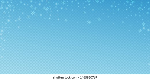 Sparse glowing snow Christmas background. Subtle flying snow flakes and stars on transparent blue background. Actual winter silver snowflake overlay template. Popular vector illustration.