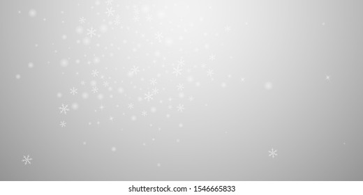 Sparse glowing snow Christmas background. Subtle flying snow flakes and stars on light grey background. Attractive winter silver snowflake overlay template. Amusing vector illustration.