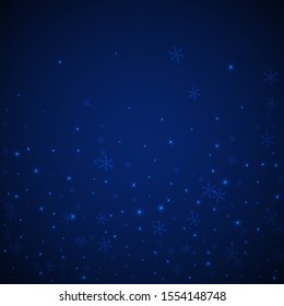 Sparse glowing snow Christmas background. Subtle flying snow flakes and stars on dark blue night background. Adorable winter silver snowflake overlay template. Bewitching vector illustration.