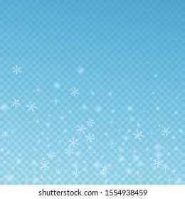 Sparse glowing snow Christmas background. Subtle flying snow flakes and stars on blue transparent background. Alluring winter silver snowflake overlay template. Fetching vector illustration.