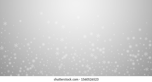 Sparse glowing snow Christmas background. Subtle flying snow flakes and stars on light grey background. Admirable winter silver snowflake overlay template. Authentic vector illustration.