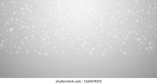 Sparse glowing snow Christmas background. Subtle flying snow flakes and stars on light grey background. Adorable winter silver snowflake overlay template. Breathtaking vector illustration.