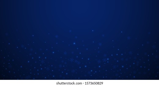 Sparse glowing snow Christmas background. Subtle flying snow flakes and stars on winter sky background. Adorable winter silver snowflake overlay template. Optimal vector illustration.