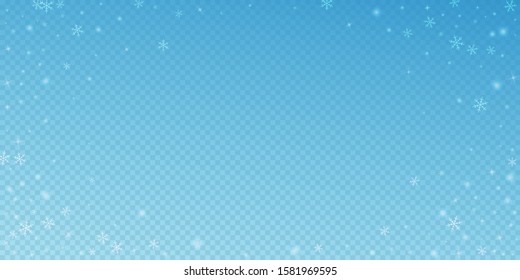 Sparse glowing snow Christmas background. Subtle flying snow flakes and stars on transparent blue background. Alive winter silver snowflake overlay template. Surprising vector illustration.