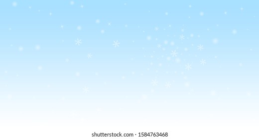Sparse glowing snow Christmas background. Subtle flying snow flakes and stars on winter sky background. Astonishing winter silver snowflake overlay template. Fabulous vector illustration.