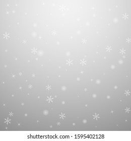 Sparse glowing snow Christmas background. Subtle flying snow flakes and stars on light grey background. Alive winter silver snowflake overlay template. Beauteous vector illustration.
