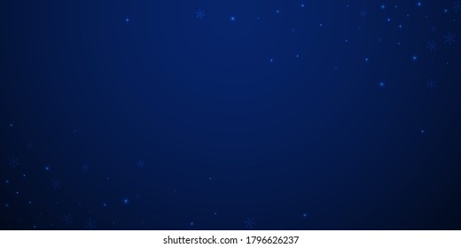Sparse glowing snow Christmas background. Subtle flying snow flakes and stars on dark blue night background. Appealing winter silver snowflake overlay template. Posh vector illustration.