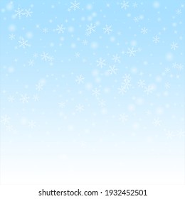 Sparse glowing snow Christmas background. Subtle flying snow flakes and stars on winter sky background. Awesome winter silver snowflake overlay template. Lively vector illustration.