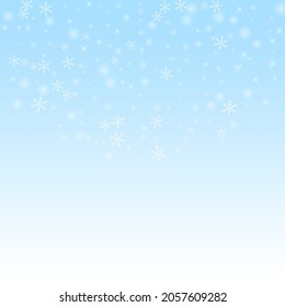 Sparse glowing snow Christmas background. Subtle flying snow flakes and stars on winter sky background. Awesome winter silver snowflake overlay template. Terrific vector illustration.