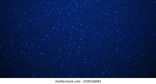 Escaso y brillante fondo navideño de nieve. Sutiles copos de nieve volando y estrellas en el fondo del cielo invernal. Plantilla de superposición de copos de nieve de plata en invierno vivo. Ilustración vectorial negrita.