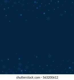 Sparse glowing snow. Scattered border on deep blue background. Vector illustration.