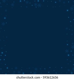 Sparse glowing snow. Square scattered border with sparse glowing snow on deep blue background. Vector illustration.