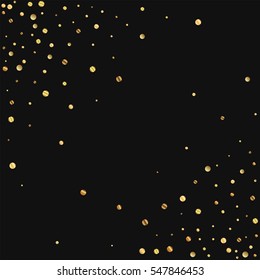 Sparse gold confetti. Abstract chaotic scatter with sparse gold confetti on black background. Vector illustration.