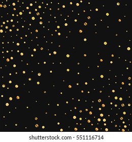 Sparse gold confetti. Abstract scattered pattern with sparse gold confetti on black background. Vector illustration.
