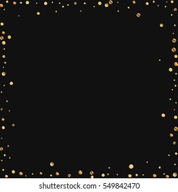 Sparse gold confetti. Chaotic frame with sparse gold confetti on black background. Vector illustration.