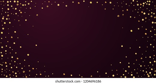 Sparse gold confetti luxury sparkling confetti. Scattered small gold particles on red maroon background. Fabulous festive overlay template. Admirable vector illustration.