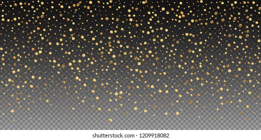 Sparse gold confetti luxury sparkling confetti. Scattered small gold particles on transparent background. Brilliant festive overlay template. Attractive vector illustration.