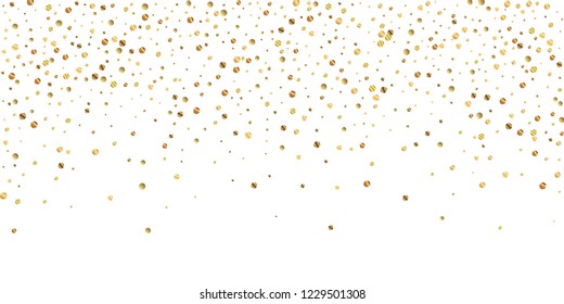 Sparse gold confetti luxury sparkling confetti. Scattered small gold particles on white background. Awesome festive overlay template. Rare vector illustration.