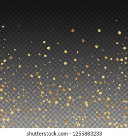 Sparse gold confetti luxury sparkling confetti. Scattered small gold particles on transparent background. Adorable festive overlay template. Trending vector illustration.