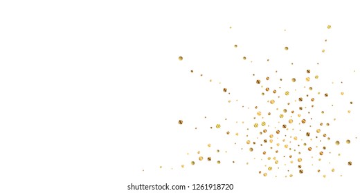 Sparse gold confetti luxury sparkling confetti. Scattered small gold particles on white background. Authentic festive overlay template. Bizarre vector illustration.