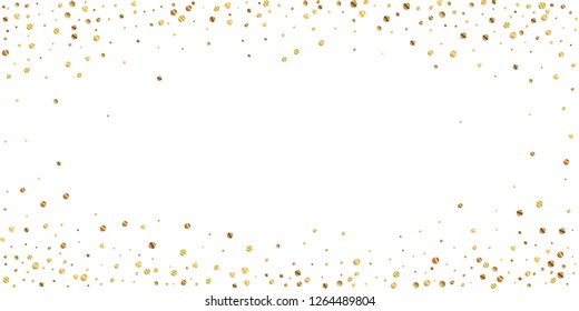 Sparse gold confetti luxury sparkling confetti. Scattered small gold particles on white background. Extraordinary festive overlay template. Majestic vector illustration.