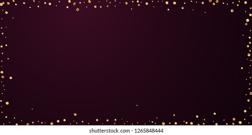 Sparse gold confetti luxury sparkling confetti. Scattered small gold particles on red maroon background. Bold festive overlay template. Remarkable vector illustration.