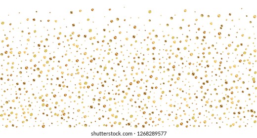Sparse gold confetti luxury sparkling confetti. Scattered small gold particles on white background. Brilliant festive overlay template. Uncommon vector illustration.