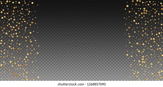 Sparse gold confetti luxury sparkling confetti. Scattered small gold particles on transparent background. Astonishing festive overlay template. Flawless vector illustration.