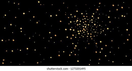Sparse gold confetti luxury sparkling confetti. Scattered small gold particles on black background. Authentic festive overlay template. Immaculate vector illustration.