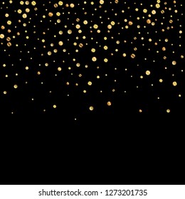 Sparse gold confetti luxury sparkling confetti. Scattered small gold particles on black background. Amazing festive overlay template. Actual vector illustration.