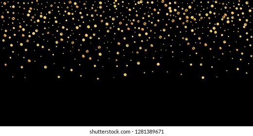 Sparse Gold Konfetti Luxus glitzernden Konfetti. Verstreute kleine Goldpartikel auf schwarzem Hintergrund. Atemberaubende festliche Overlay-Vorlage. Moderne Vektorgrafik.