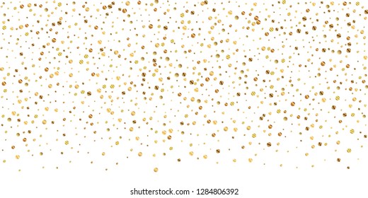 Sparse gold confetti luxury sparkling confetti. Scattered small gold particles on white background. Brilliant festive overlay template. Authentic vector illustration.