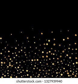 Sparse gold confetti luxury sparkling confetti. Scattered small gold particles on black background. Amazing festive overlay template. Sightly vector illustration.