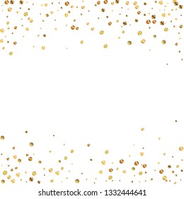 Sparse gold confetti luxury sparkling confetti. Scattered small gold particles on white background. Alive festive overlay template. Exquisite vector illustration.