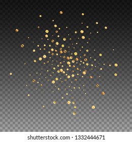 Sparse gold confetti luxury sparkling confetti. Scattered small gold particles on transparent background. Actual festive overlay template. Resplendent vector illustration.