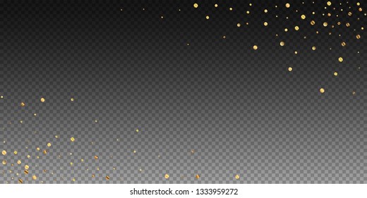 Sparse gold confetti luxury sparkling confetti. Scattered small gold particles on transparent background. Astonishing festive overlay template. Stunning vector illustration.