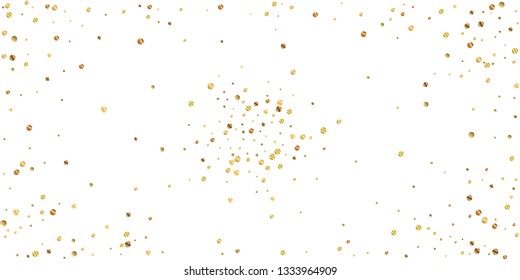 Sparse gold confetti luxury sparkling confetti. Scattered small gold particles on white background. Attractive festive overlay template. Elegant vector illustration.