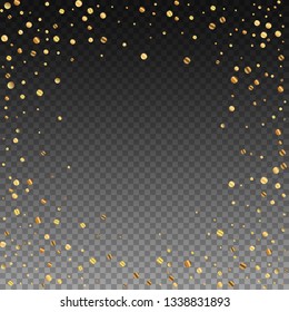 Sparse gold confetti luxury sparkling confetti. Scattered small gold particles on transparent background. Appealing festive overlay template. Powerful vector illustration.