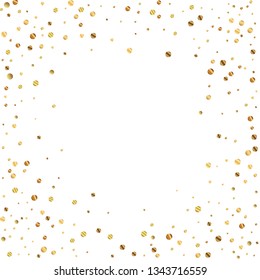 Sparse gold confetti luxury sparkling confetti. Scattered small gold particles on white background. Appealing festive overlay template. Precious vector illustration.