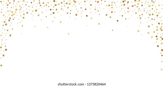 Sparse gold confetti luxury sparkling confetti. Scattered small gold particles on white background. Beautiful festive overlay template. Appealing vector illustration.