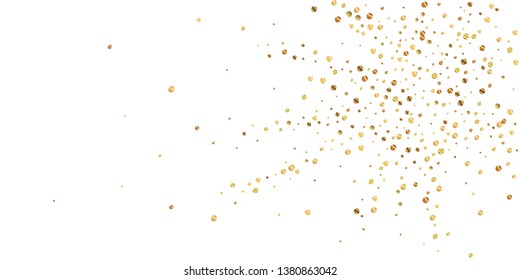 Sparse Gold Konfetti Luxus funkelnden Konfetti. Geschachtelte kleine Goldpartikel auf weißem Hintergrund. Attraktive, festliche Overlay-Vorlage. Überwältigende Vektorillustration-Illustration.