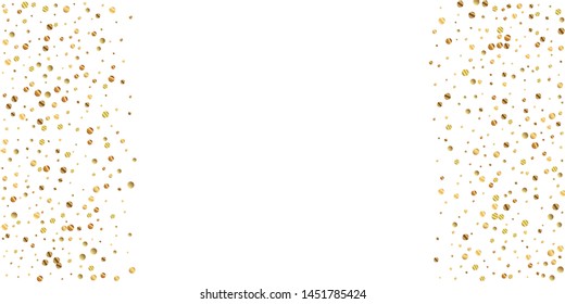 Sparse gold confetti luxury sparkling confetti. Scattered small gold particles on white background. Astonishing festive overlay template. Fresh vector illustration.